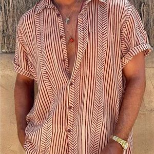 NWOT Fydude Mens Vacation Striped Cotton Linen button down Shirt size M